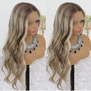 Ash Blonde Lace Front Wig Long Wavy Ombre Synthetic for Women 24 In 150 Density